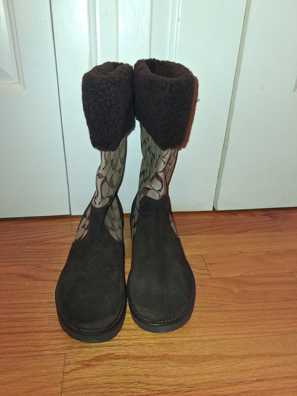 Coach  Kally Signature Khaki Chestnut Suede Shearling-Trim Women's Boots